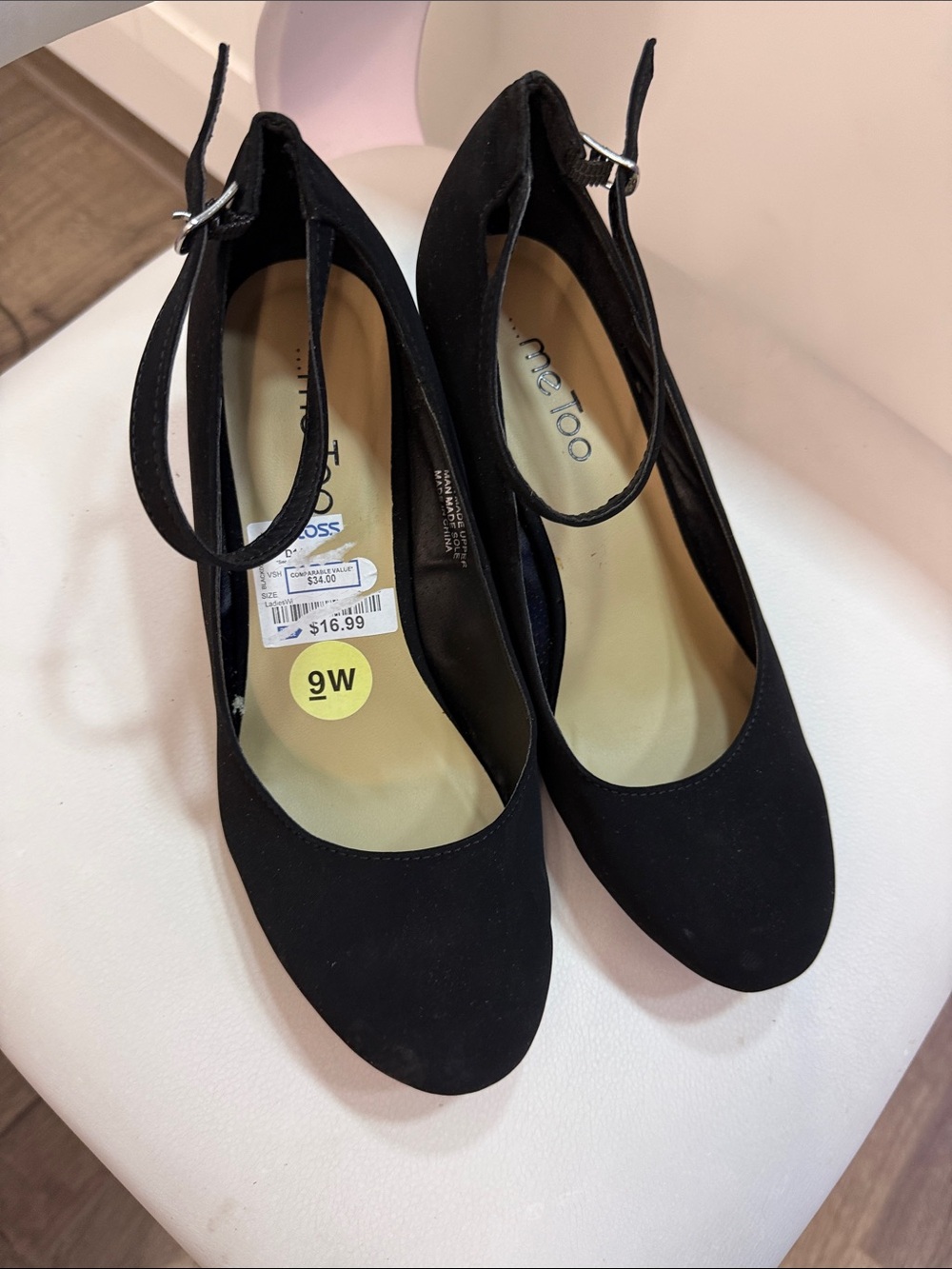 me too Black Suede Ankle-Strap Round-Toe Heels